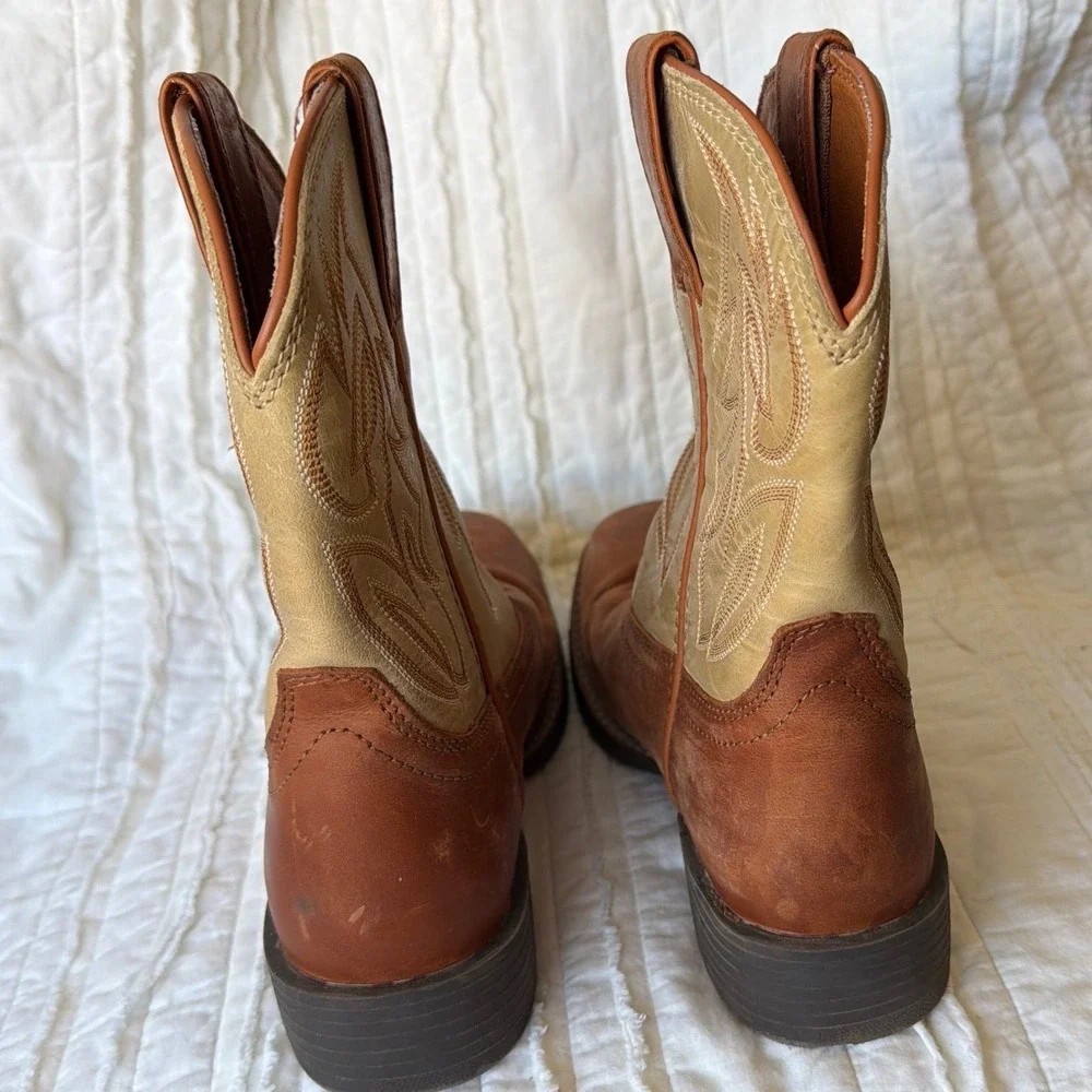 Justin Western Jr Canter Boots Brown Tan Leather Square Toe Kids 5.5D